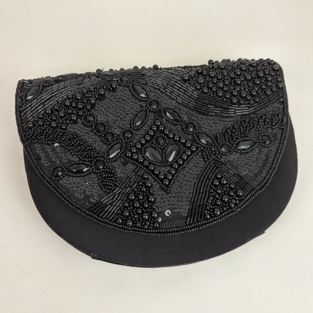 Vintage Hand Crafted Black Beaded Sequin Evening Clutch Purse Partners Mervins